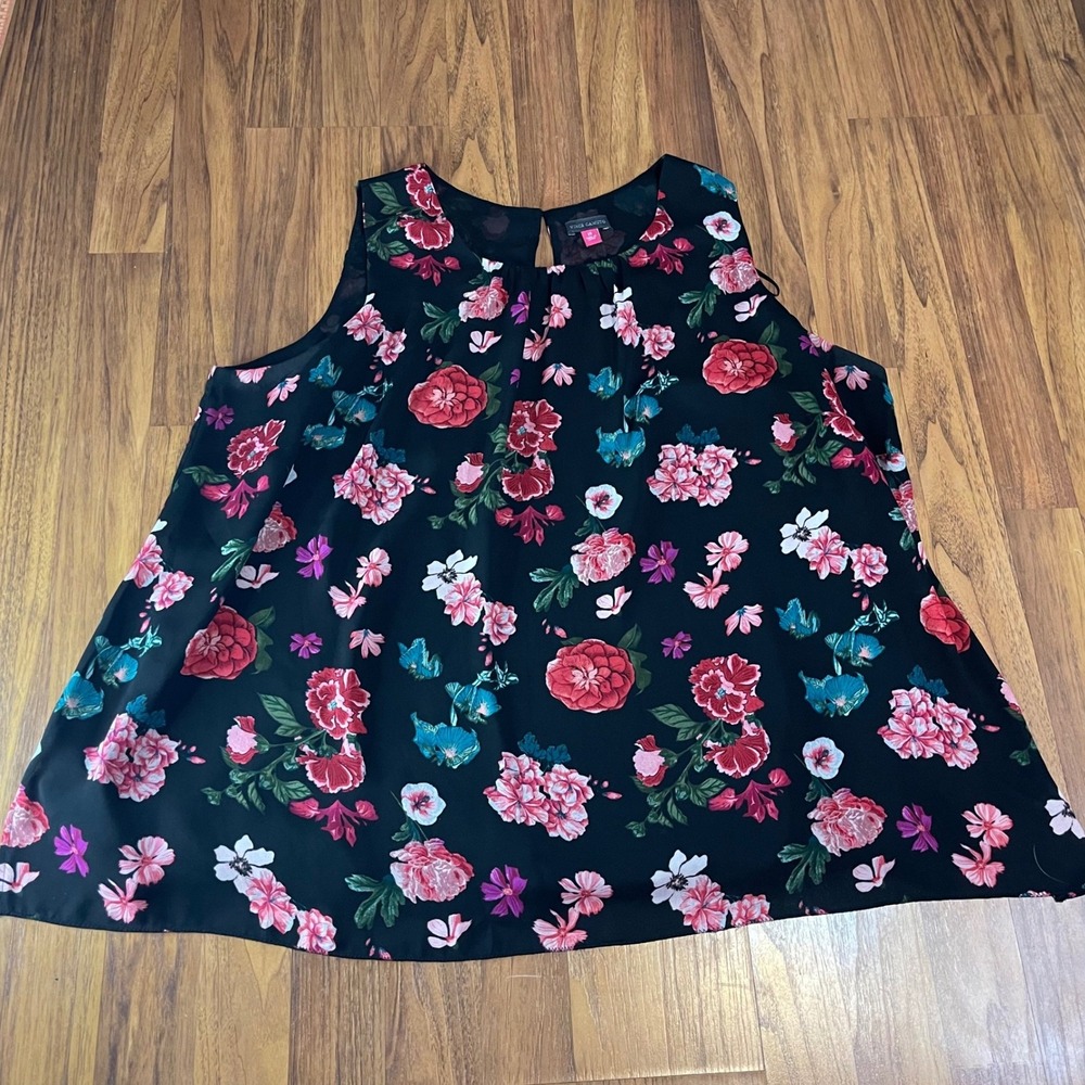 Vince Camuto Floral Blouse Womens 2X Black Pink Sleeveless Pleated Chiffon Top